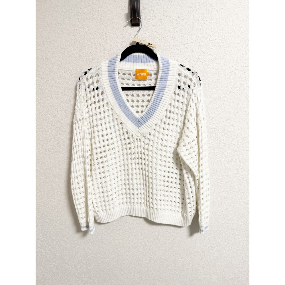 WISPR‎ Womens Open Stitch Oversized V Neck Sweater Blue Trim Long Sleeve Small